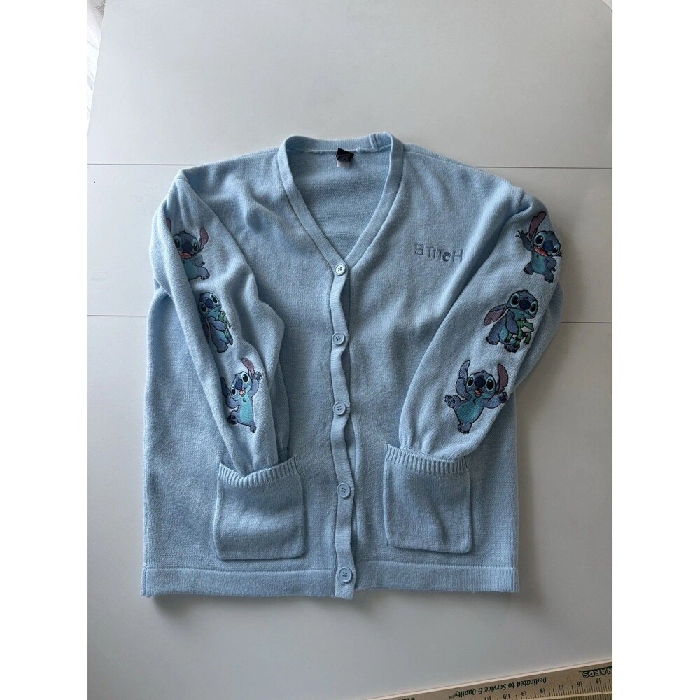 Disney Lilo & Stitch Blue Embroidered Cardigan Sweater SZ Large Preppy